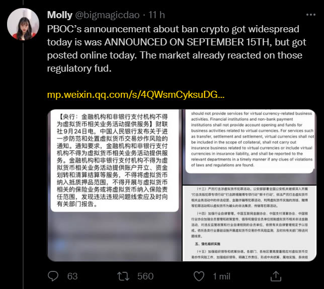 Print de post de usuária do twitter mostrando que banimento do Bitcoin na China de hoje já existia há 9 dias