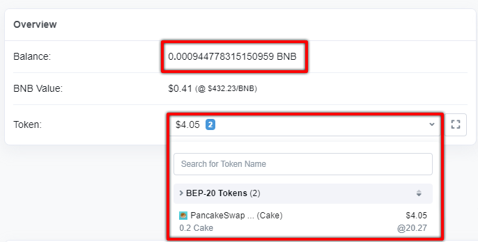Saldo da Binance Smart Chain na BSCScan