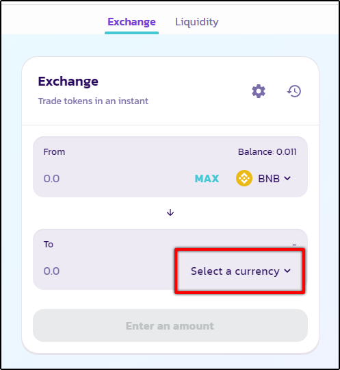 Clique em Select a currency na PancakeSwap