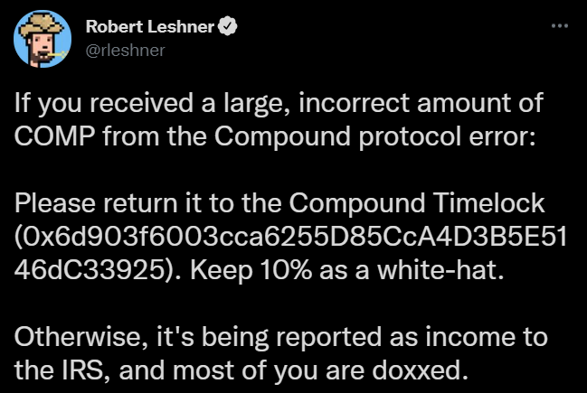 Tweet do fundador da Compound Labs