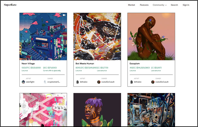 Screenshot do marketplace de NFTs SuperRare