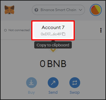 Copie o endereço na MetaMask
