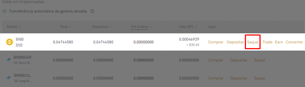 Selecione saque na criptomoeda desejada