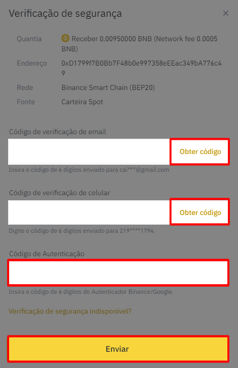 Insira os códigos para transferir da Binance para a MetaMask