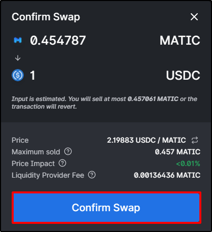 Confirme o Swap 